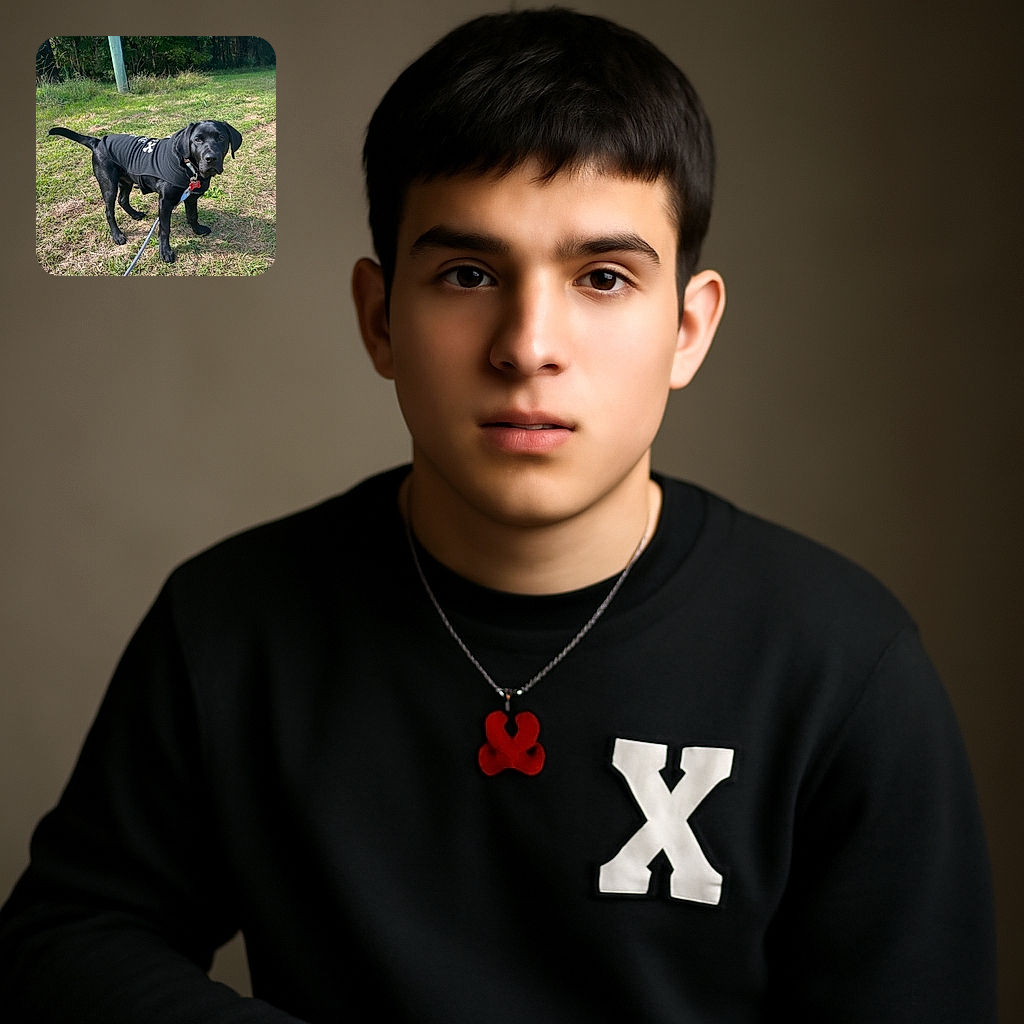 A shiny black dog wearing a cozy black jacket with white prints stands alert on a grassy patch, leash gently pulling forward, surrounded by lush greenery and a tall pole in the background, basking in the sunlight with a curious expression.