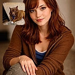 A chonky, wide-eyed brown dog puts a polite paw on your knee like it's requesting snacks or rent — expression equal parts hopeful and suspicious, sitting on a speckled floor with a little blue harness for extra charm.