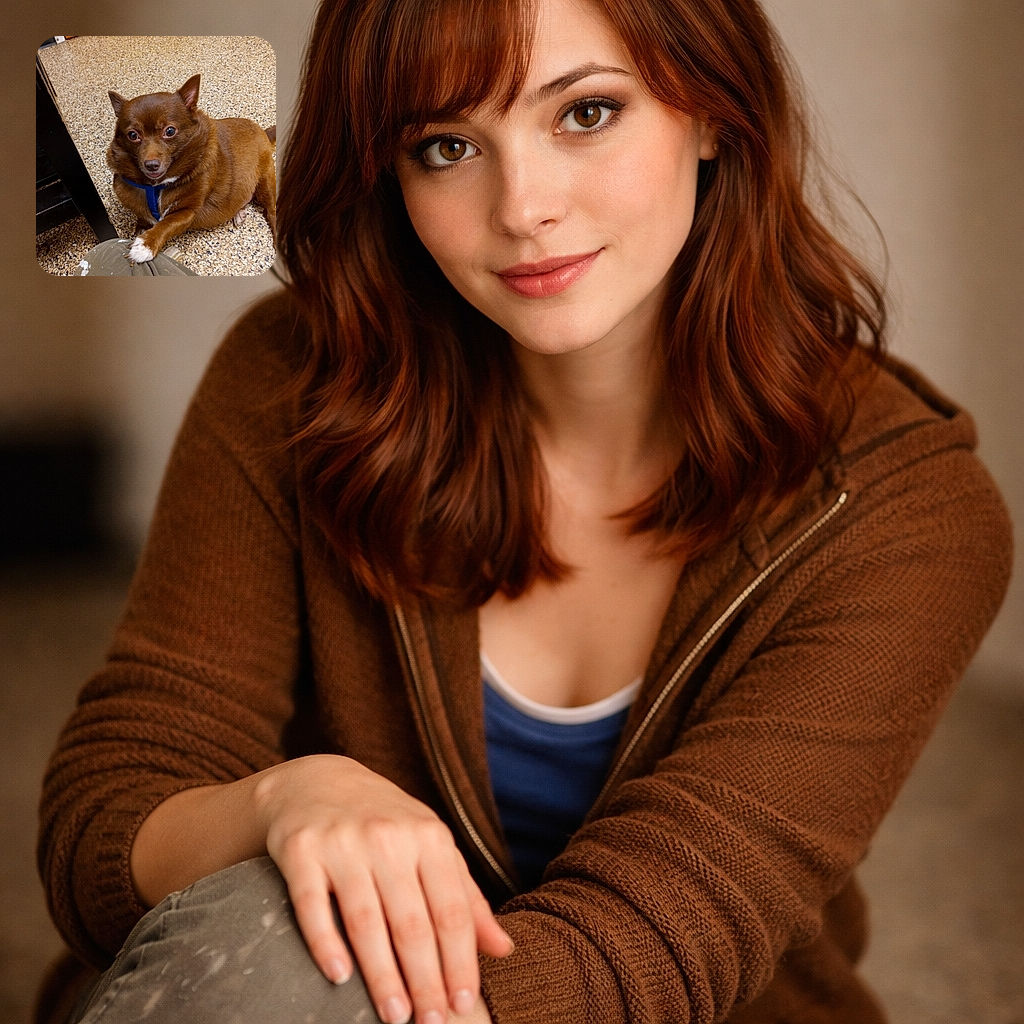 A chonky, wide-eyed brown dog puts a polite paw on your knee like it's requesting snacks or rent — expression equal parts hopeful and suspicious, sitting on a speckled floor with a little blue harness for extra charm.