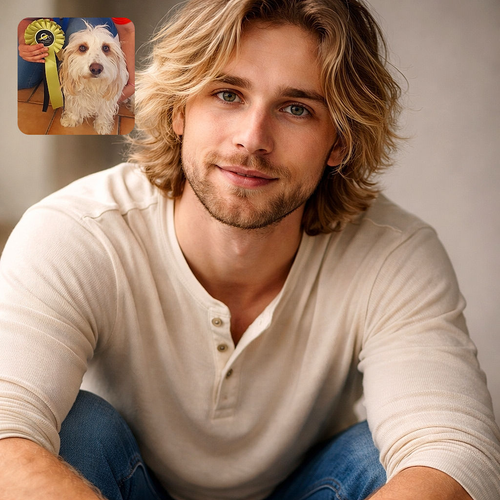 A scruffy, award-winning dog stares soulfully into the camera while a proud human holds up a big rosette — the tile floor and a purple crate peek in the background. The dog's mop-top fur and earnest eyes steal the show, like a hairy little champion caught mid-sculpture.