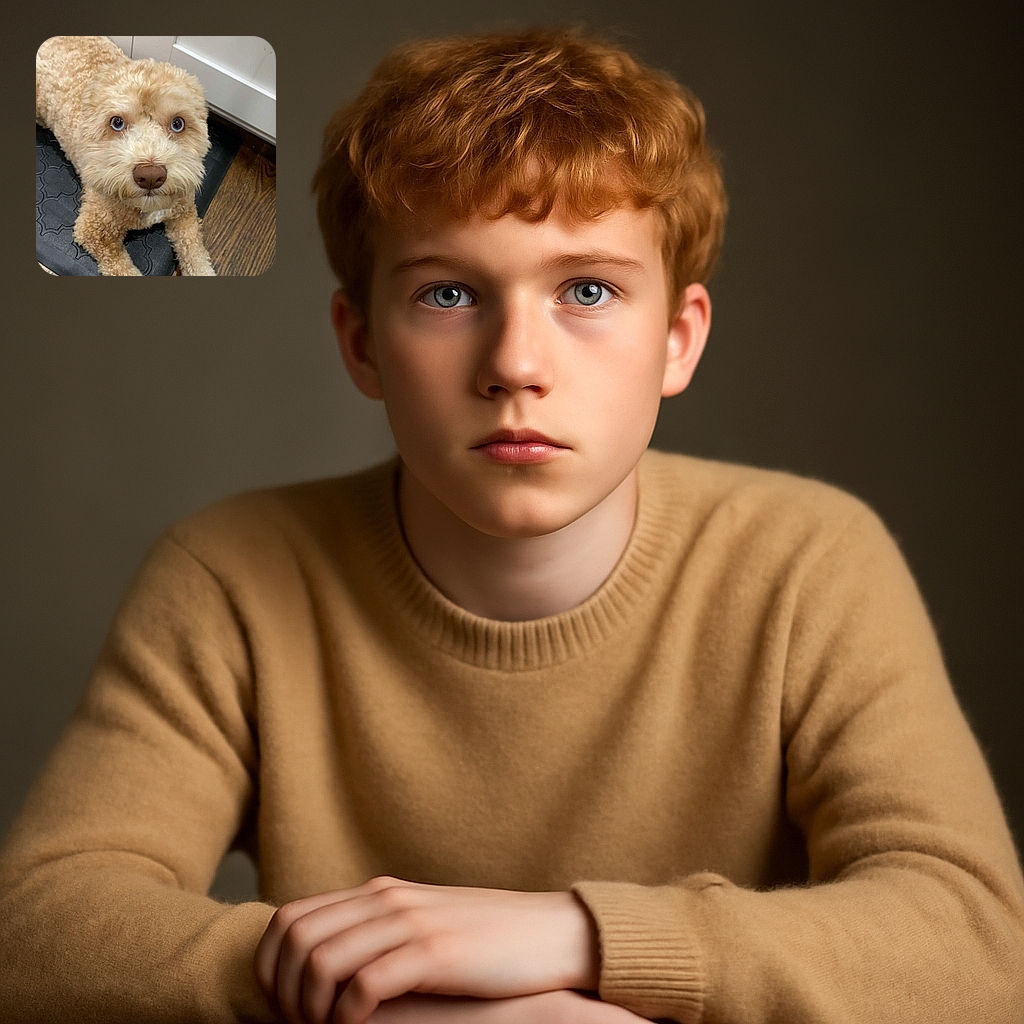 A fluffy, curly-haired dog with striking blue eyes is lying down on a black mat and wooden floor, gazing up with an innocent, curious expression. The photo has a Snapchat-style text overlay that reads 'MIYER'.