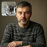 A dignified tabby cat sits regally on a gray couch, staring intently with piercing green eyes. The background shows a cozy indoor setting with a cat tree, a large clock, and some scattered household items, giving a lived-in feel.
