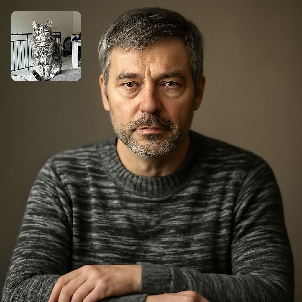 A dignified tabby cat sits regally on a gray couch, staring intently with piercing green eyes. The background shows a cozy indoor setting with a cat tree, a large clock, and some scattered household items, giving a lived-in feel.