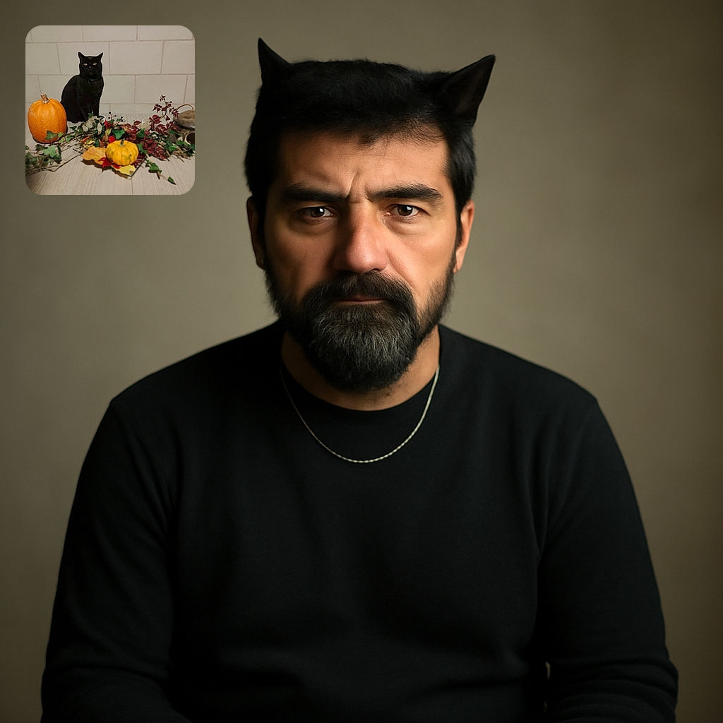 A poised black cat sits regally behind a fall-themed table arrangement featuring pumpkins, colorful autumn leaves, and a rustic birdhouse, all set against a plain tiled wall backdrop.