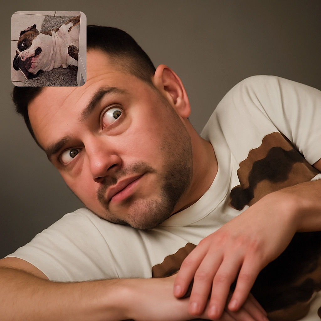 A goofy dog is lying on its side on a carpet next to a tiled floor, with its eyes rolled back in a comical expression that looks like it's daydreaming or plotting mischief.