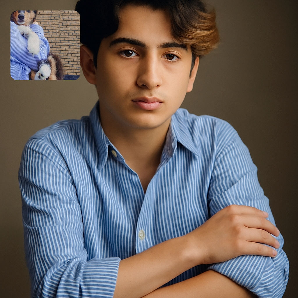 A fluffy puppy is being lovingly held by a person in a blue striped shirt against a brick wall backdrop. The puppy's paws are prominently displayed, making it look ready for a high-five or a paw shake.