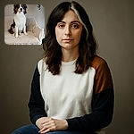 A dignified tricolor dog sits patiently on a cozy cream-colored couch, looking attentively off-camera. The neutral-toned background with a hanging butterfly decoration and a touch of greenery adds a homey vibe to the scene.