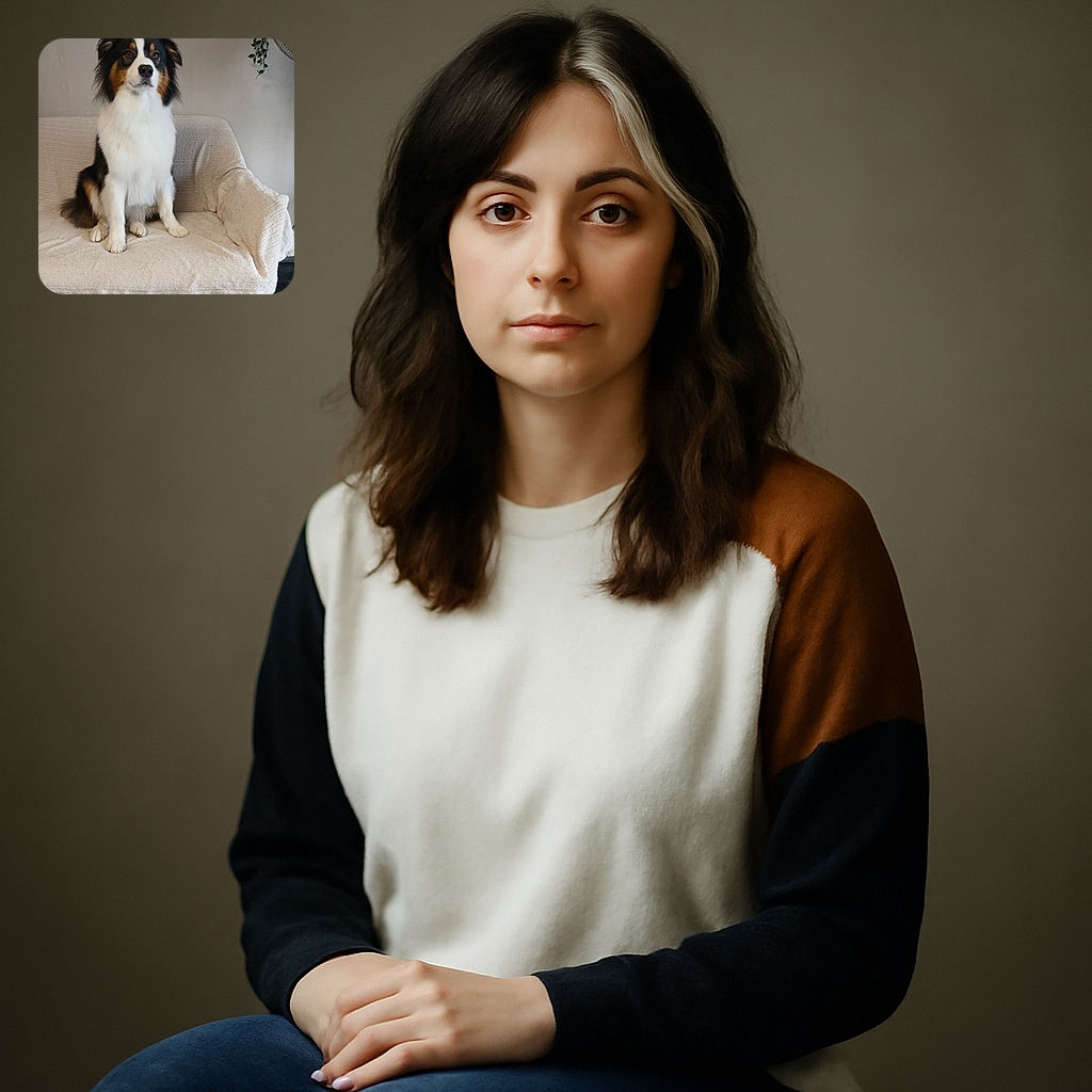 A dignified tricolor dog sits patiently on a cozy cream-colored couch, looking attentively off-camera. The neutral-toned background with a hanging butterfly decoration and a touch of greenery adds a homey vibe to the scene.