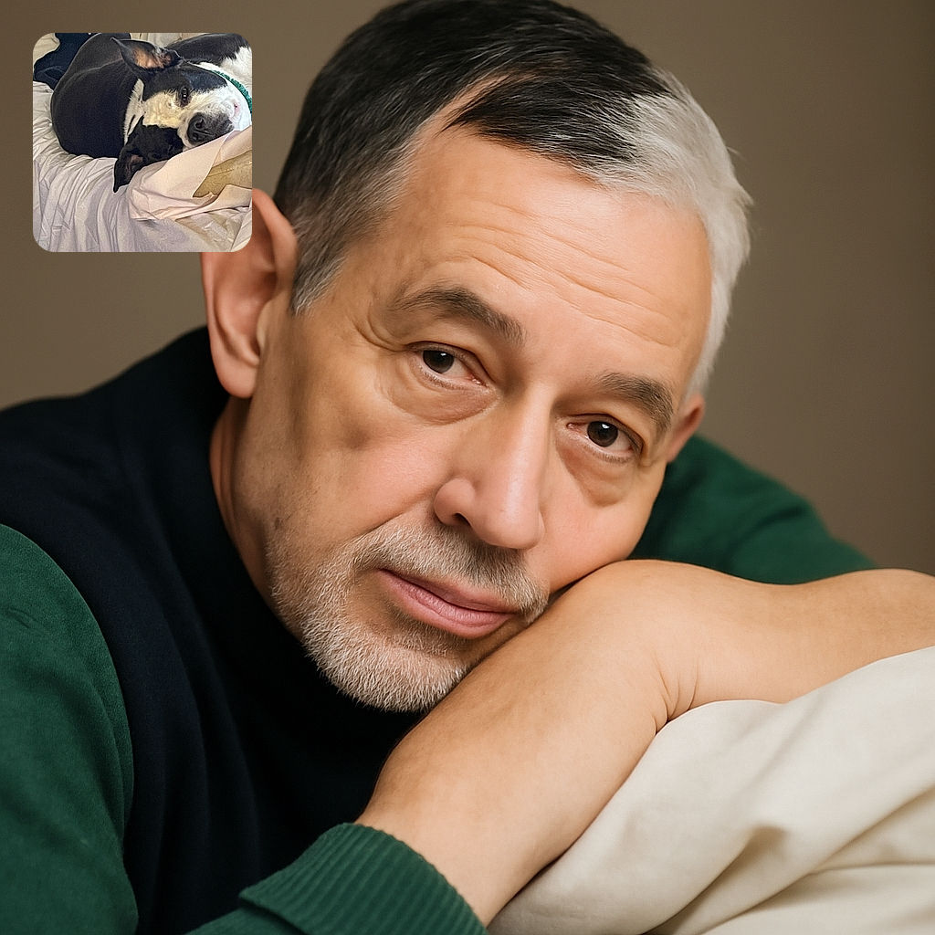 A cozy black and white dog is curled up on a rumpled bed, resting its head on a pillow, looking peaceful and ready for a nap in a warm, indoor setting.