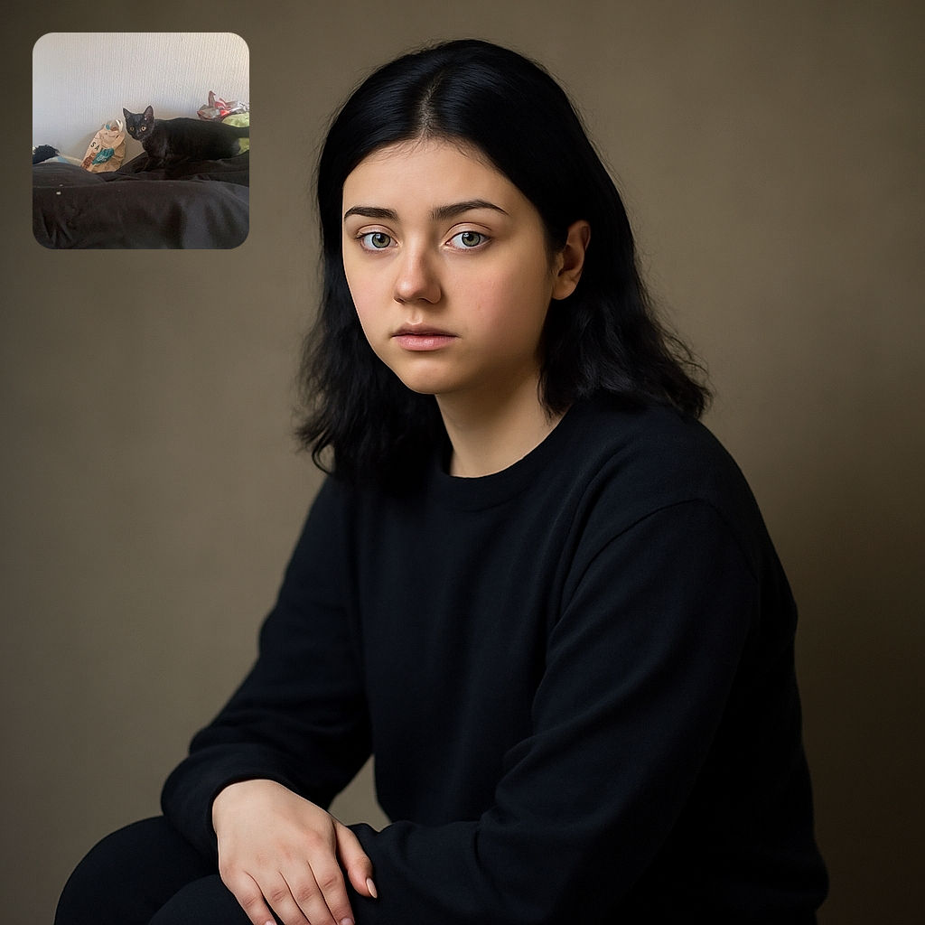 A curious black cat with bright eyes is perched on a bed covered with dark bedding, glancing slightly to the side. The background shows a plain textured wall and some scattered items including a paper bag and a pillow, giving a cozy, lived-in vibe.