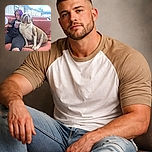 A relaxed scene on a cozy outdoor couch with a person sporting vibrant purple hair, absorbed in their phone while holding a mug, accompanied by a large, calm dog sitting proudly beside them. The background features a bright blue sky and a residential fence, adding to the peaceful vibe.