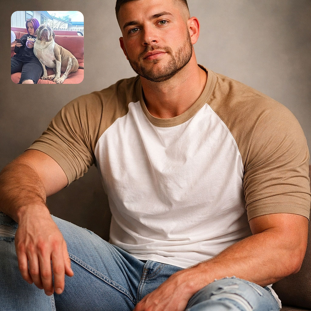 A relaxed scene on a cozy outdoor couch with a person sporting vibrant purple hair, absorbed in their phone while holding a mug, accompanied by a large, calm dog sitting proudly beside them. The background features a bright blue sky and a residential fence, adding to the peaceful vibe.