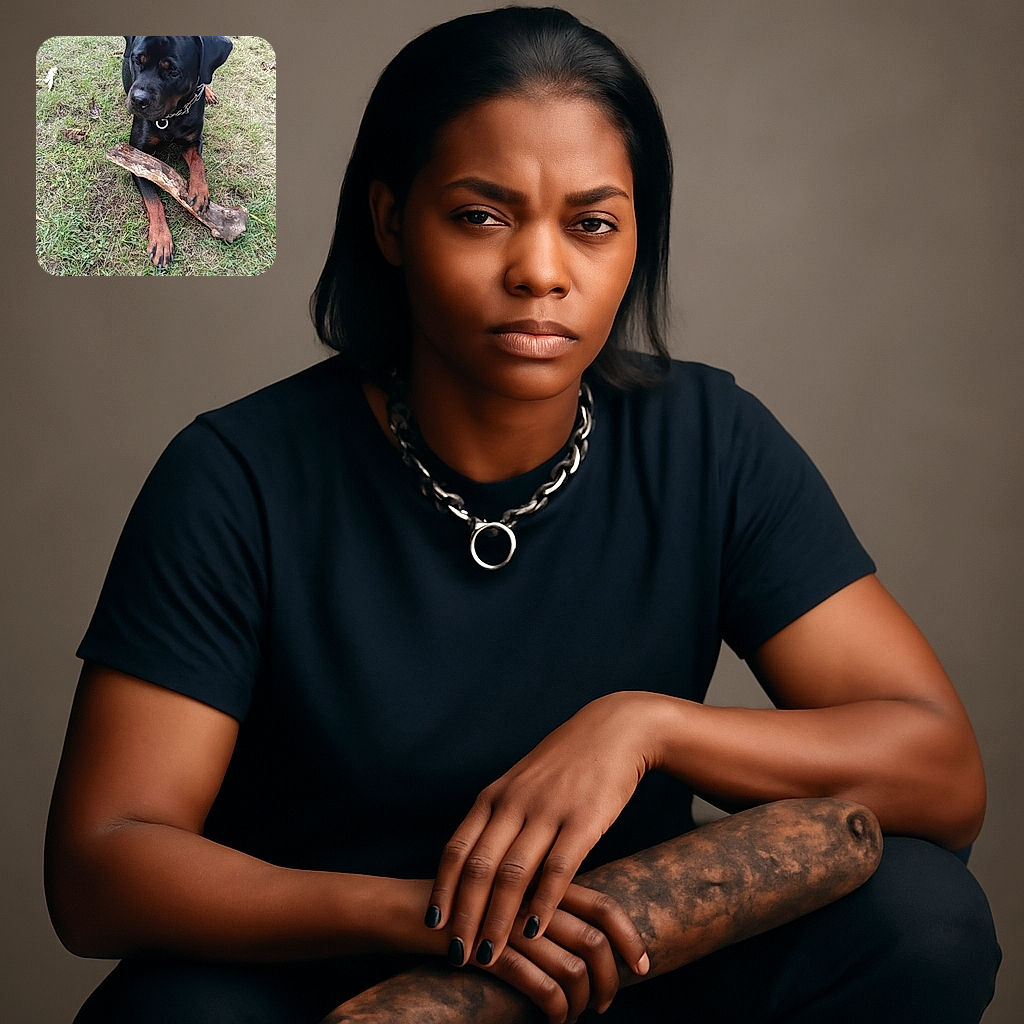 A serious-looking Rottweiler is lying on the grass with a large stick clutched between its paws, contemplating the mysteries of the universe or maybe just the next chew session.