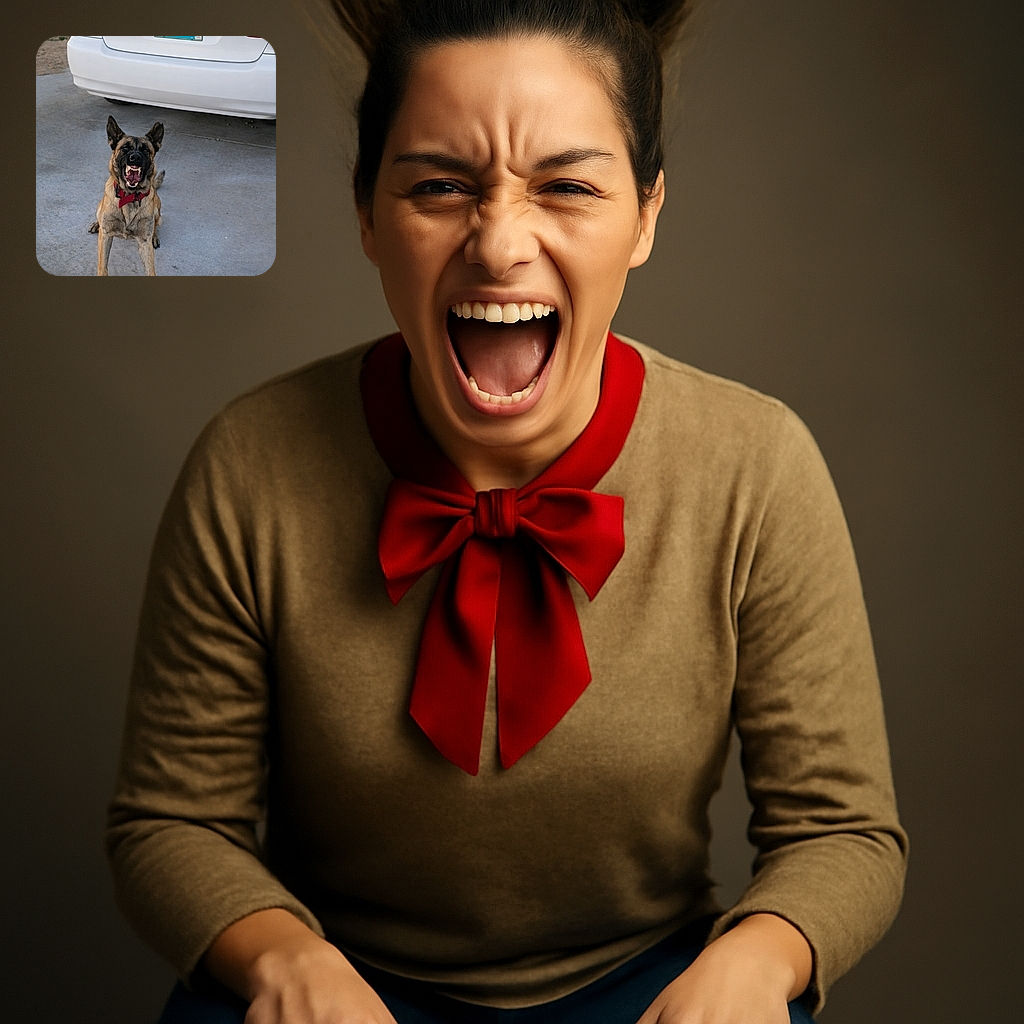 A fierce German Shepherd with a red collar is caught mid-bark or growl, showing off its sharp teeth in front of a white Toyota Corolla with a New Mexico license plate, standing on a concrete driveway.