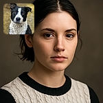 A close-up portrait of a wet black and white dog with soulful brown eyes, looking directly at the camera with a curious and earnest expression. The background is softly blurred, highlighting the dog's detailed fur texture and expressive face.