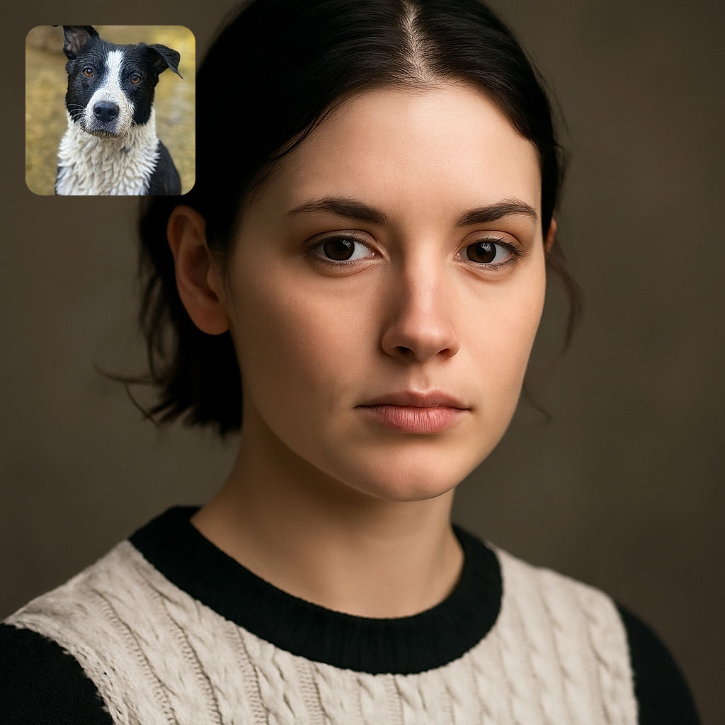 A close-up portrait of a wet black and white dog with soulful brown eyes, looking directly at the camera with a curious and earnest expression. The background is softly blurred, highlighting the dog's detailed fur texture and expressive face.