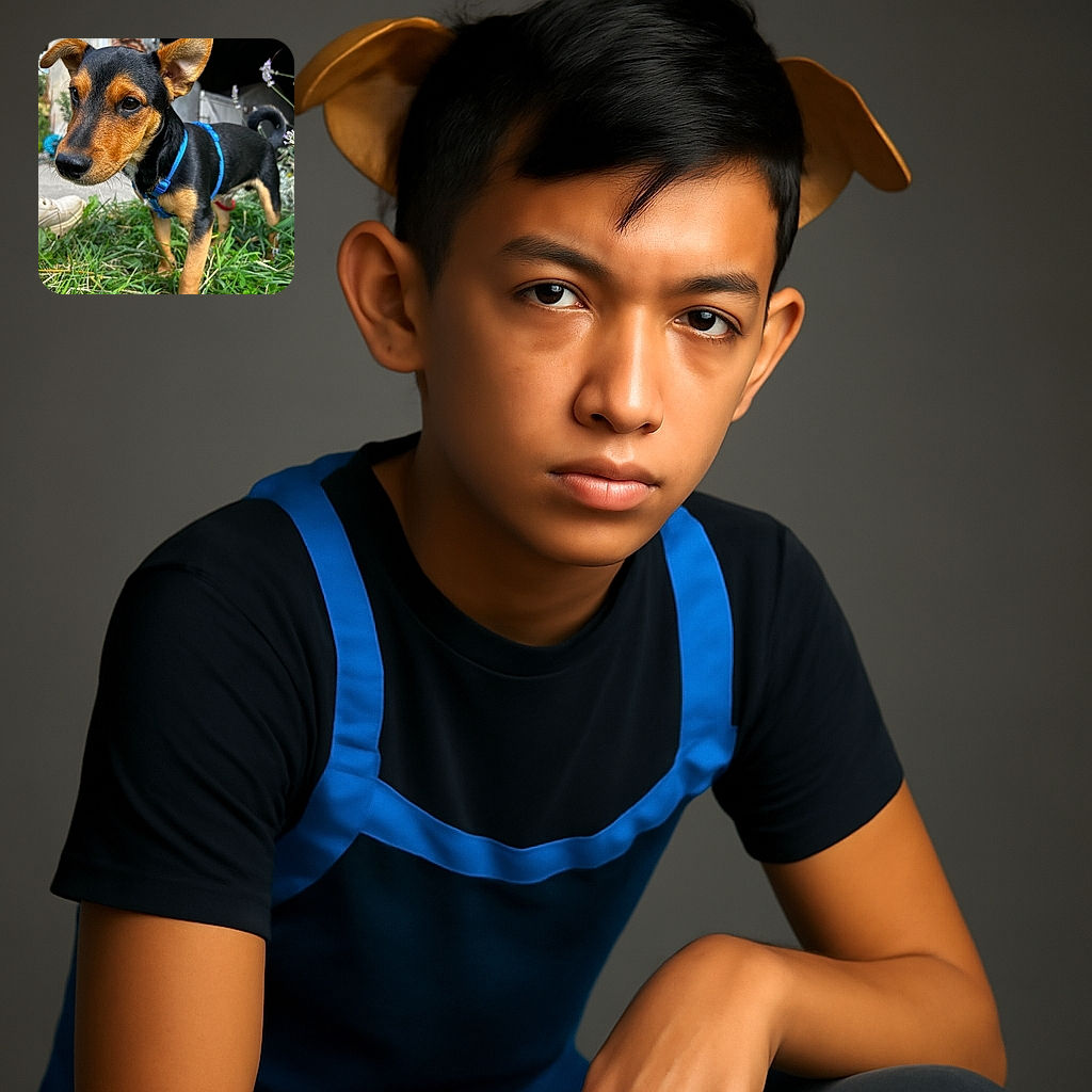 A curious little dog sporting a bright blue harness investigates the camera with big, soulful eyes, standing on lush green grass outside a rustic building with brick and wooden elements in the background.