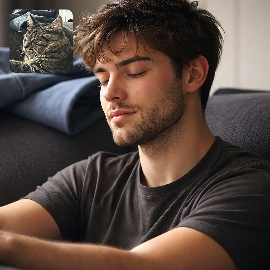A blissed-out tabby cat mid-nap, whiskers fanned like tiny white paintbrushes and stripes arranged with deliberate elegance. The close-up captures soft fur, a button nose, and one ear perked like it's still on duty while the rest of the kitty is deep in dreamland on a cozy couch.