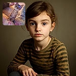 An adorable kitten with big curious eyes sits upright on a floral bedspread, surrounded by cozy blankets and a person partially visible in the background. Colorful light reflections add a playful vibe to this warm indoor scene.