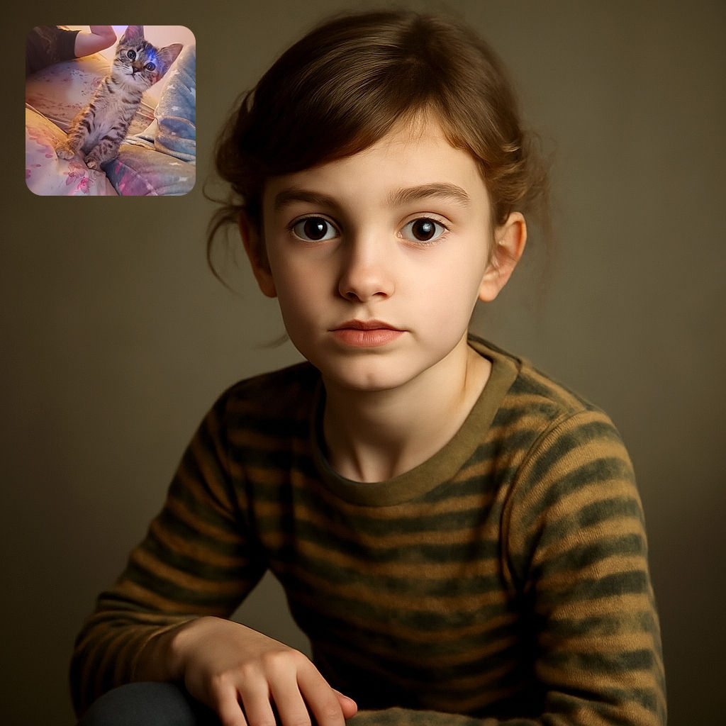 An adorable kitten with big curious eyes sits upright on a floral bedspread, surrounded by cozy blankets and a person partially visible in the background. Colorful light reflections add a playful vibe to this warm indoor scene.