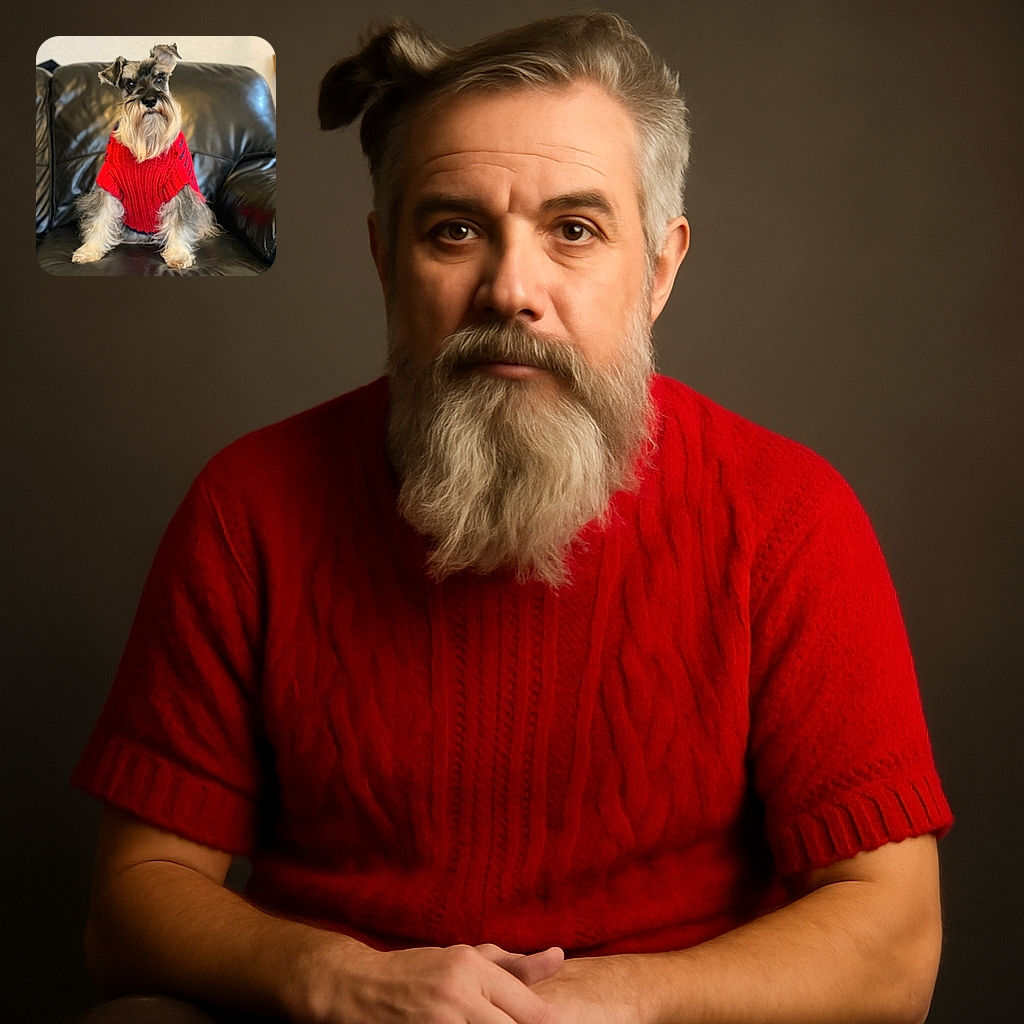 A charming schnauzer dog wearing a cozy red sweater sits proudly on a black leather couch, looking slightly to the side with a thoughtful expression. The background is softly blurred, emphasizing the dog's fluffy beard and expressive eyes.