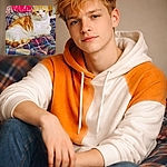 An unimpressed orange-and-white tabby lounges like royalty on a plaid throne while a pink ribbon-themed backdrop stages a tiny awareness rally behind them — the cat's face says 'I tolerate your decorations.' Cozy, slightly cluttered, and utterly dignified.