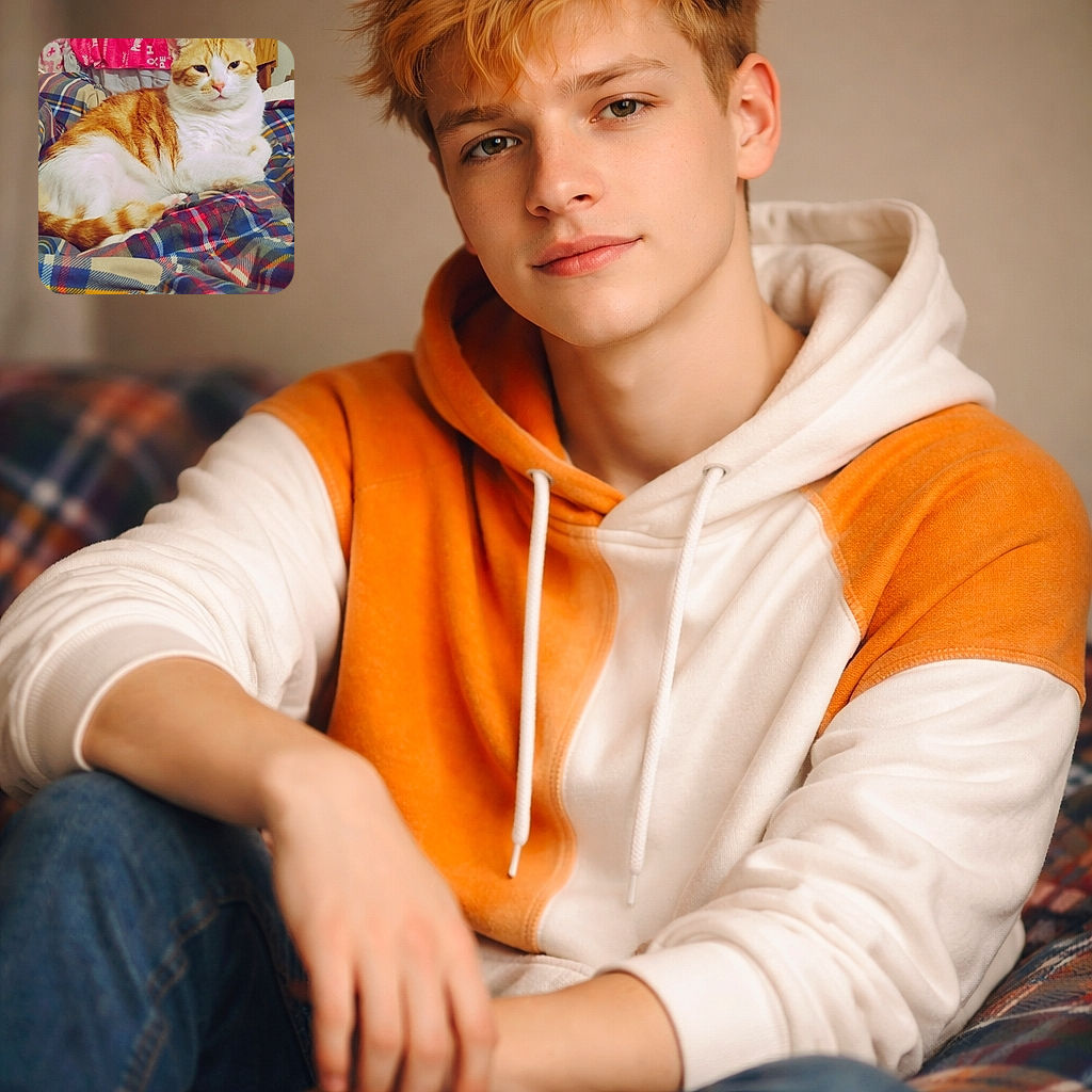 An unimpressed orange-and-white tabby lounges like royalty on a plaid throne while a pink ribbon-themed backdrop stages a tiny awareness rally behind them — the cat's face says 'I tolerate your decorations.' Cozy, slightly cluttered, and utterly dignified.