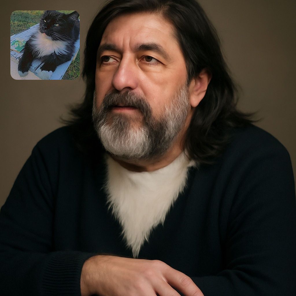 A fluffy tuxedo cat lounges regally on a weathered white wooden bench outdoors, basking in the soft golden light of sunset with a serene, contemplative expression, while a colorful tile rests nearby adding a splash of whimsy.