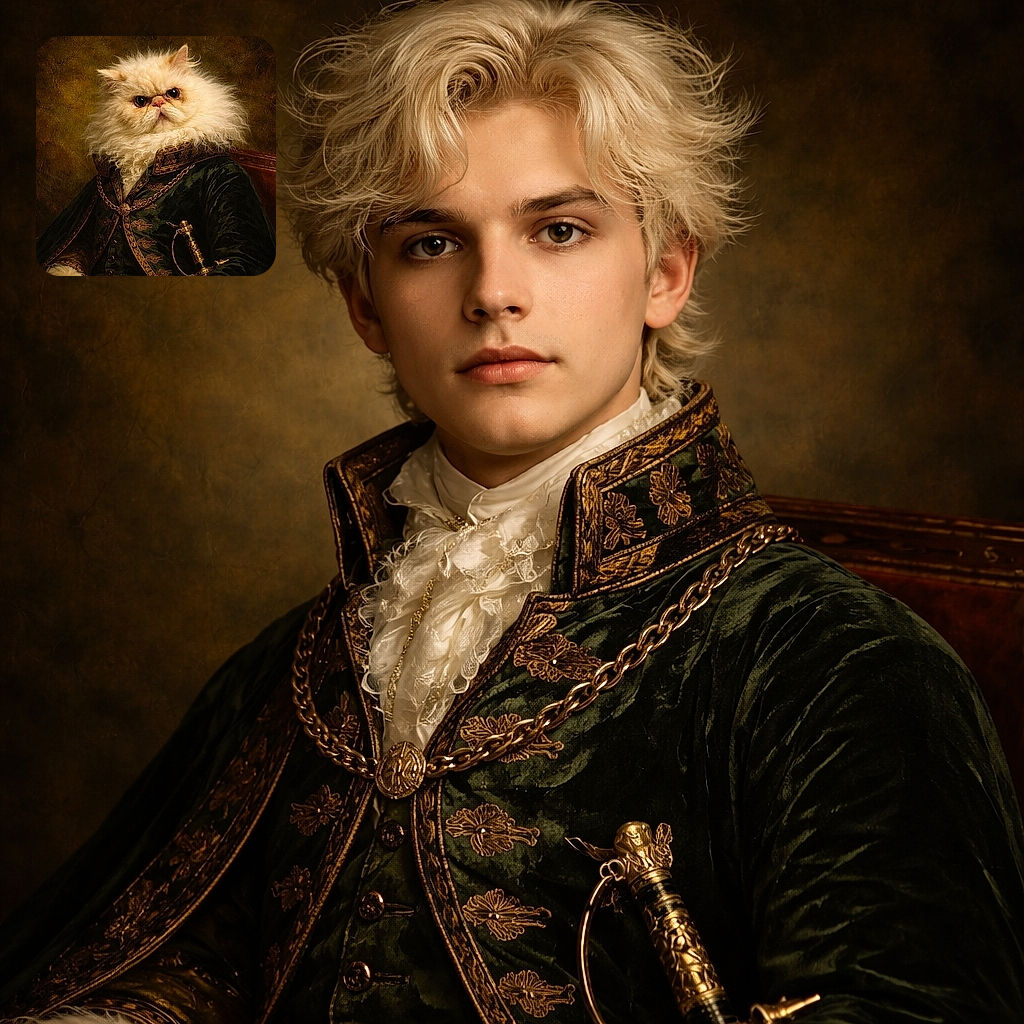 A pompous, fluffy white cat stares solemnly from a gilded portrait—fur ruffled like a powdered wig, jeweled chains and a saber completing its aristocratic ensemble against a crackled antique backdrop.