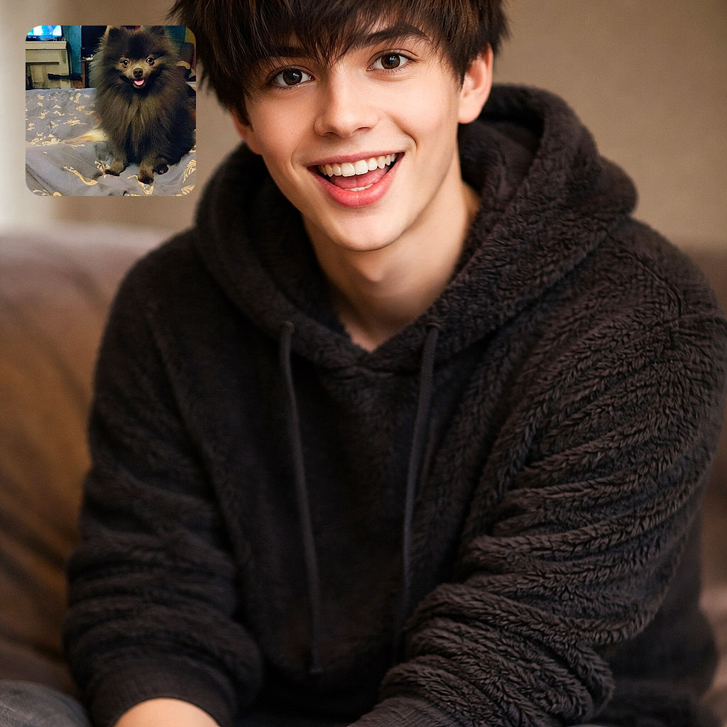 A fluffy black Pomeranian dog sits happily on a bed with a patterned blanket, tongue out and eyes wide, in a cozy room with a TV and various furniture in the background.