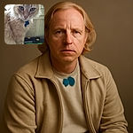 A close-up of a fluffy cream-colored cat with striking blue eyes and a blue bone-shaped tag on its collar, looking curiously at the camera. The background shows a wooden fence and some garden tools, giving a cozy outdoor vibe.