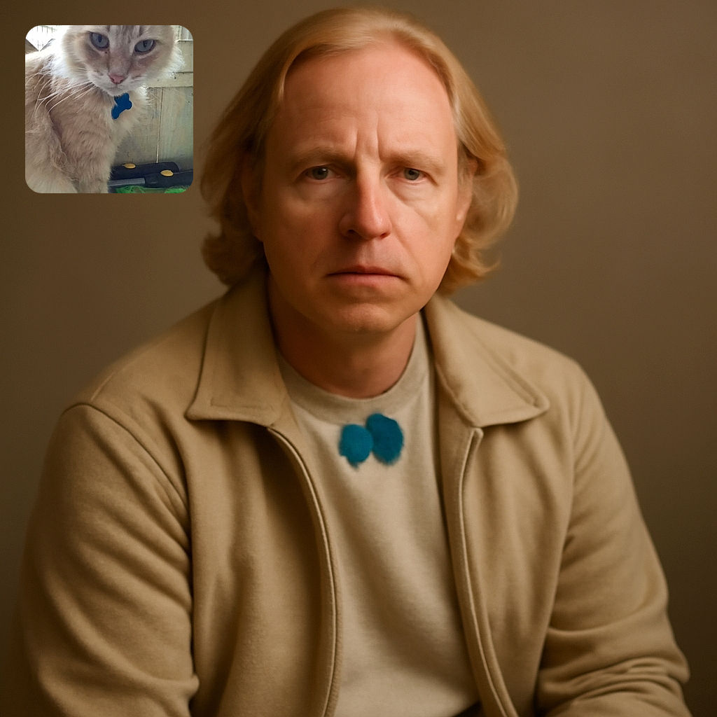 A close-up of a fluffy cream-colored cat with striking blue eyes and a blue bone-shaped tag on its collar, looking curiously at the camera. The background shows a wooden fence and some garden tools, giving a cozy outdoor vibe.