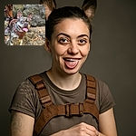 A cheerful brindle French Bulldog with a brown harness stands on rocky terrain, tongue out in a happy pant, with a blurred background of rocks and fallen leaves and a person's legs partially visible holding the leash.