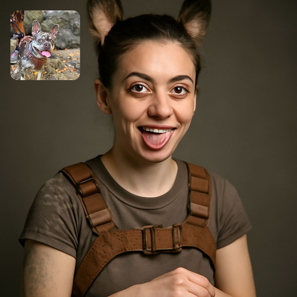 A cheerful brindle French Bulldog with a brown harness stands on rocky terrain, tongue out in a happy pant, with a blurred background of rocks and fallen leaves and a person's legs partially visible holding the leash.