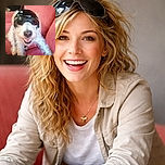 A cheerful white curly-haired dog is lounging on a red couch, sporting a shiny black helmet and dark goggles, looking like it's ready for a motorcycle adventure or a secret mission.