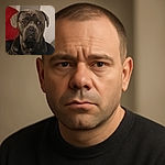 A serious-looking dog, possibly a Cane Corso or similar breed, gazes intently at the camera with soulful eyes. The background features a red cushion and neutral walls, giving a cozy indoor vibe. The photo is slightly soft in focus but captures the dog's expressive face well.