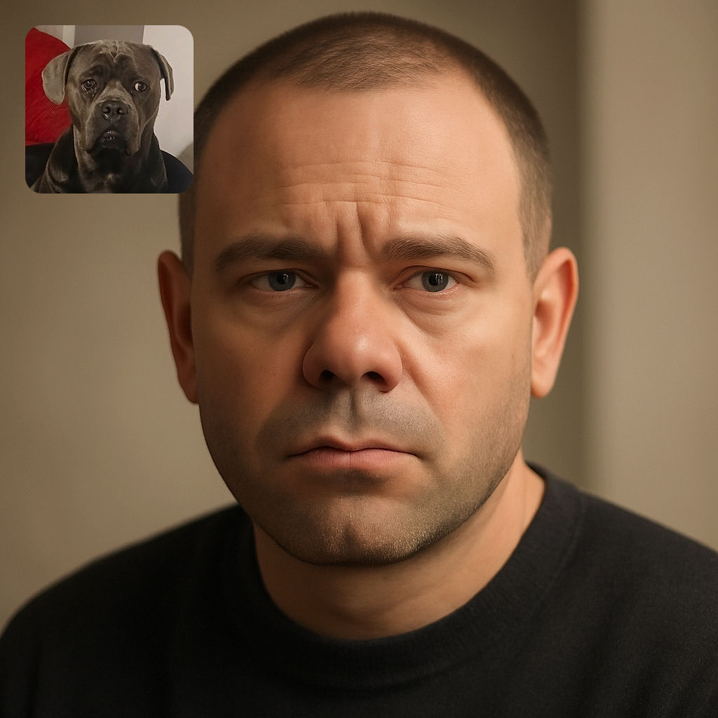 A serious-looking dog, possibly a Cane Corso or similar breed, gazes intently at the camera with soulful eyes. The background features a red cushion and neutral walls, giving a cozy indoor vibe. The photo is slightly soft in focus but captures the dog's expressive face well.