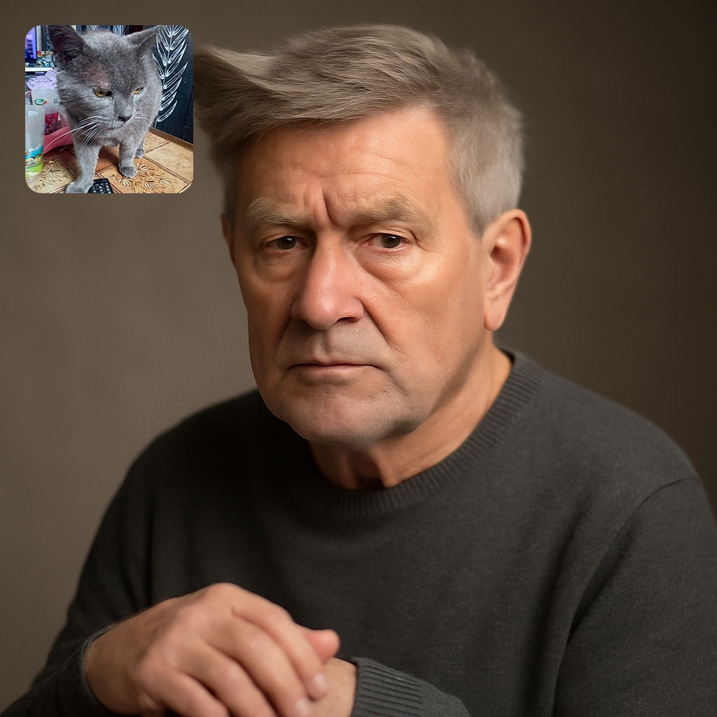 A slightly blurry but charming photo of a gray cat standing on a patterned table next to a TV remote, with household items and a TV in the background, giving off a casual home vibe.