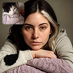 A cozy black and white cat nestled under a soft lavender towel, looking sleepy and snug as a bug in a rug, with a warm hand gently resting nearby.