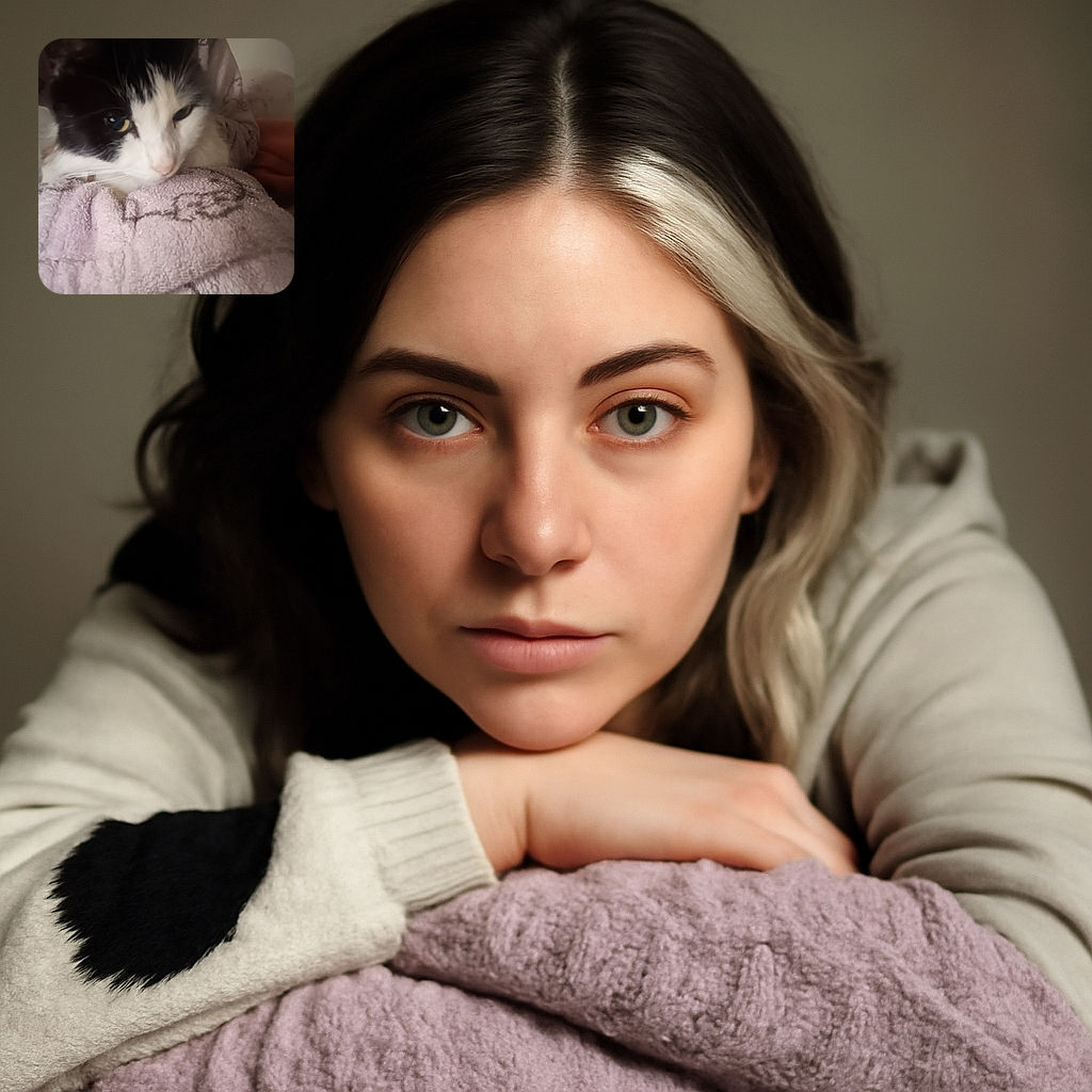 A cozy black and white cat nestled under a soft lavender towel, looking sleepy and snug as a bug in a rug, with a warm hand gently resting nearby.