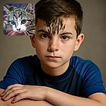 A close-up photo of a tabby cat with white markings being held by a person wearing a blue and black shirt. The cat's face is in focus, showing its intense eyes and long whiskers, while the person’s face is not visible. The background is blurred, keeping the attention on the curious feline.