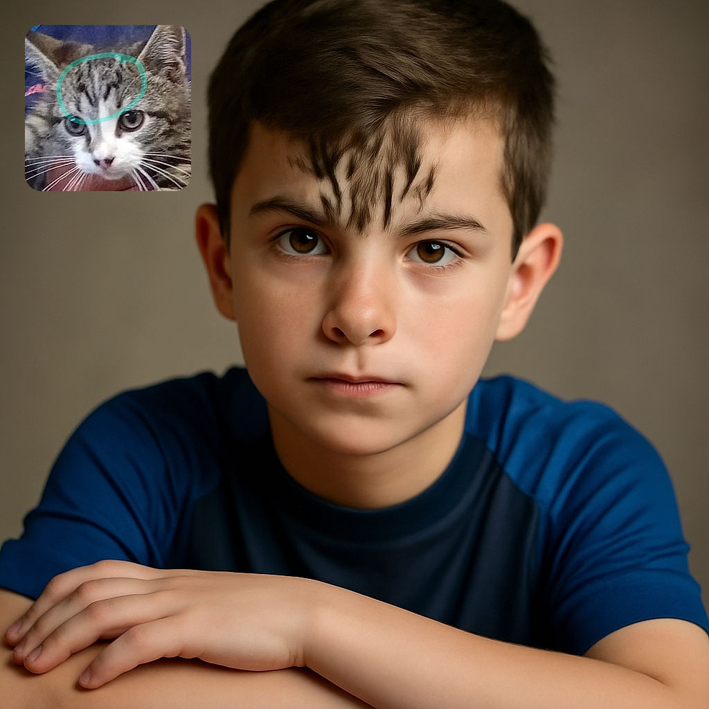 A close-up photo of a tabby cat with white markings being held by a person wearing a blue and black shirt. The cat's face is in focus, showing its intense eyes and long whiskers, while the person’s face is not visible. The background is blurred, keeping the attention on the curious feline.