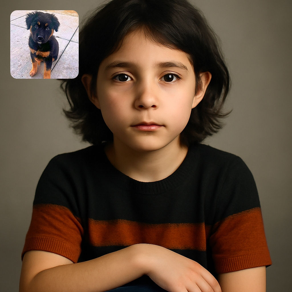 An adorable black and tan puppy with soulful eyes sits patiently on a concrete sidewalk, looking like it's ready to melt your heart with just one glance.