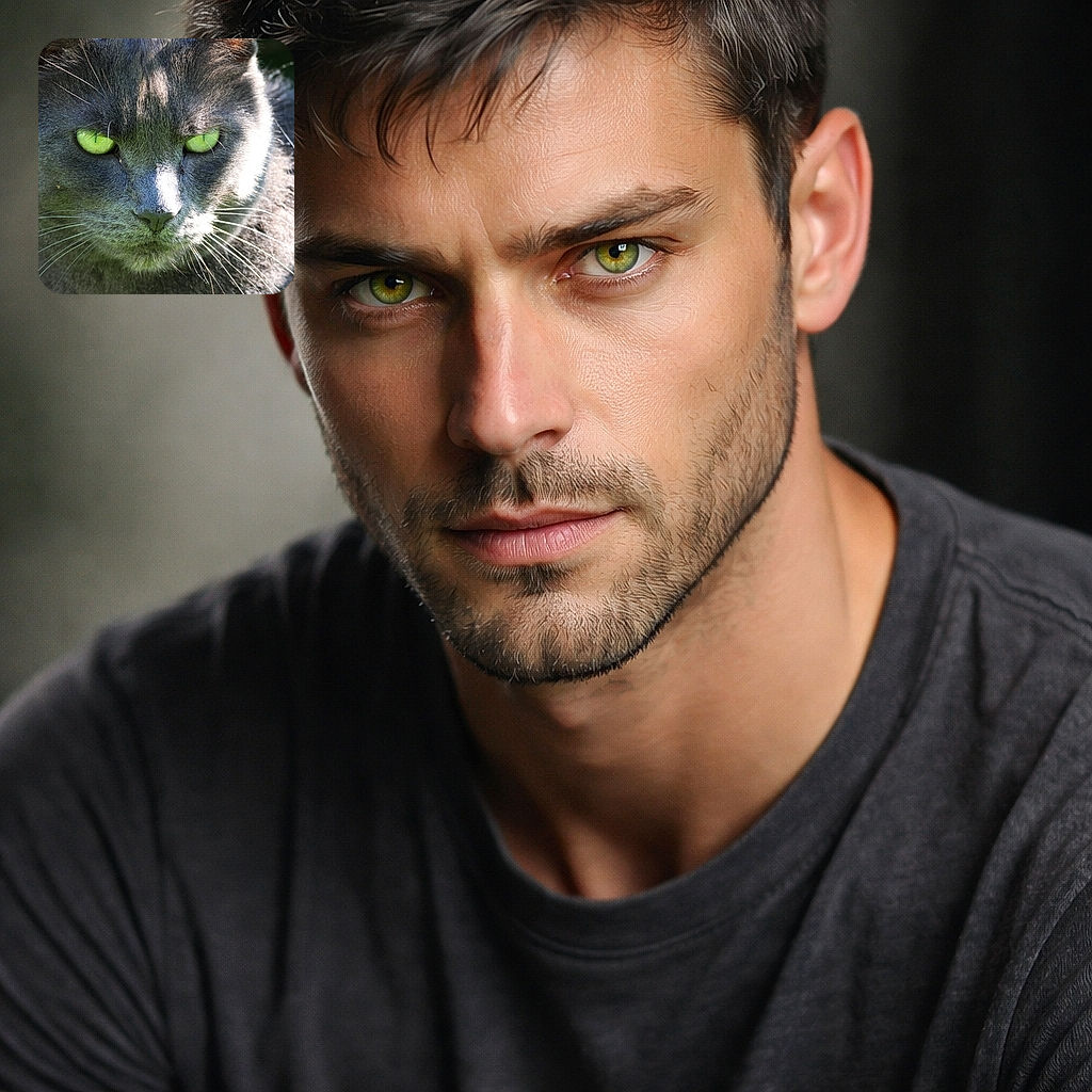 A dramatic close-up of a grey cat locking eyes with the camera — neon-green pupils blazing like tiny saucers while whiskers fan out like radar. The fur shows fine texture in sunlight with soft background foliage, giving this feline the look of a brooding garden overlord.