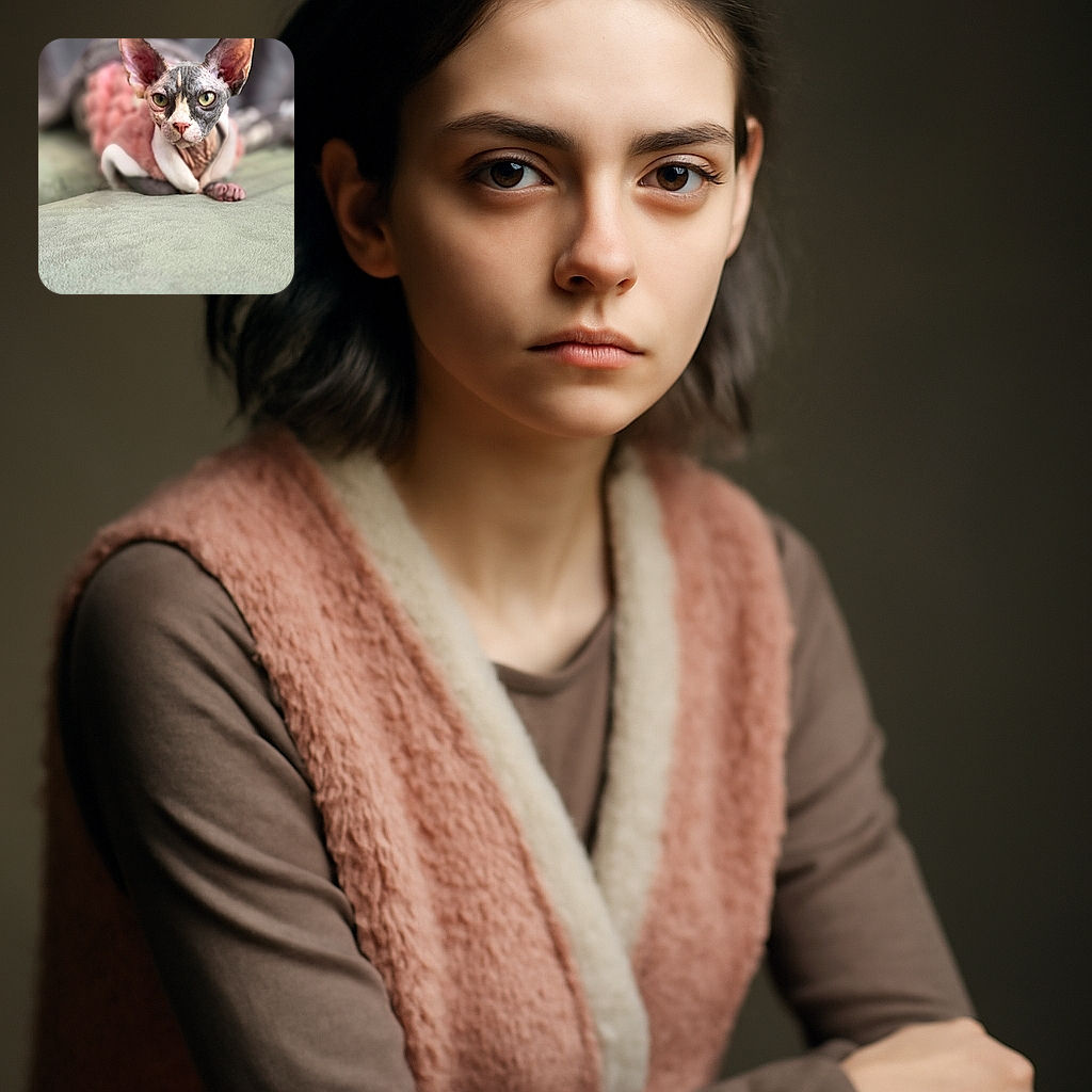 A striking close-up of a Sphynx cat wearing a cozy pink and white sweater, lounging on a soft green surface with a blurred background that makes its large ears and intense eyes the star of the show.