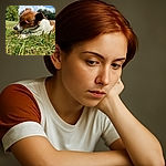 A focused brown and white dog is lying on the grass, chewing on something with intense concentration. The background shows a sunny park with trees and a partly cloudy sky, giving a peaceful outdoor vibe.