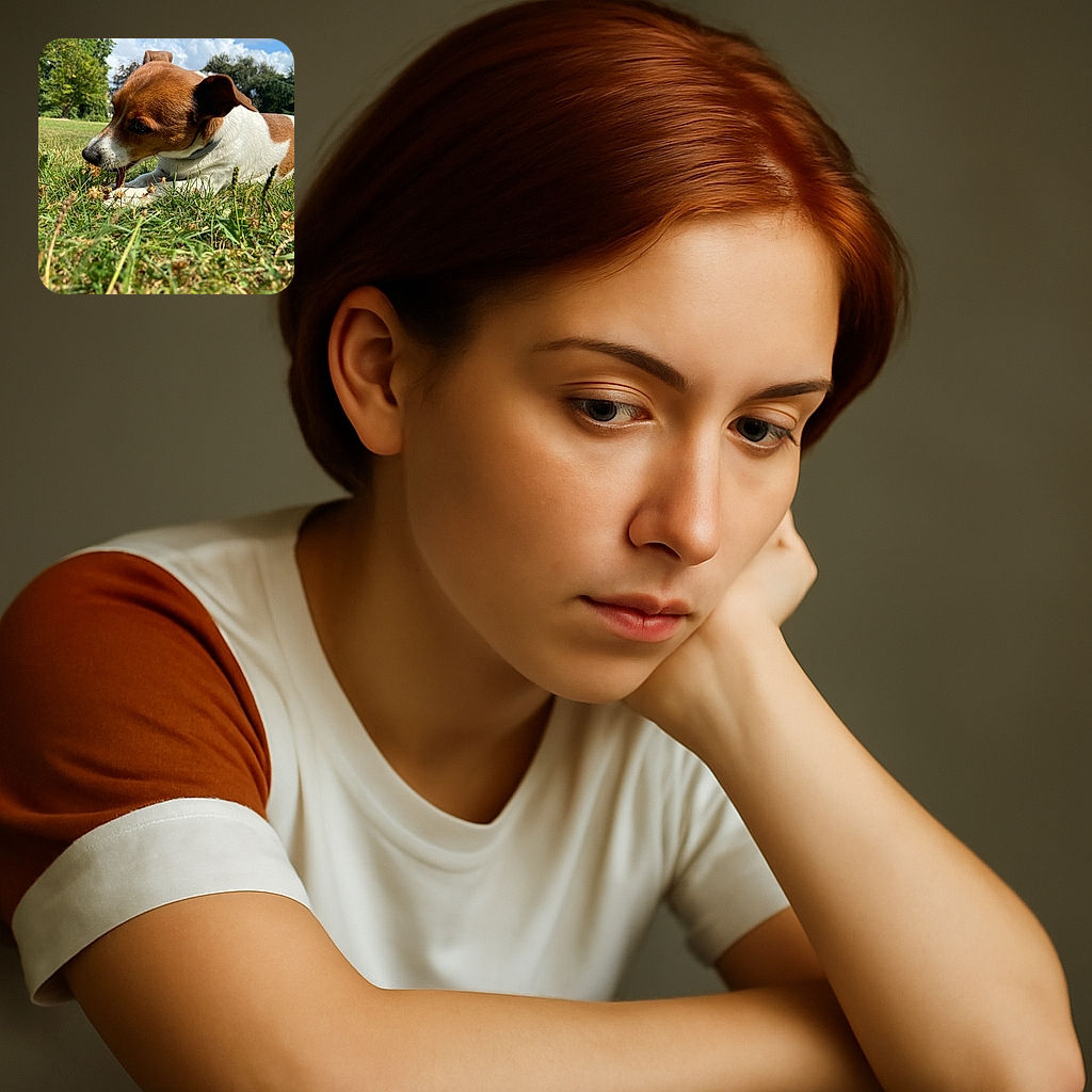A focused brown and white dog is lying on the grass, chewing on something with intense concentration. The background shows a sunny park with trees and a partly cloudy sky, giving a peaceful outdoor vibe.