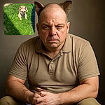 A serious-looking French Bulldog lounges on bright green grass with a mix of sunlight and shadow creating a natural spotlight, making it look like the dog is contemplating the meaning of life in the backyard.