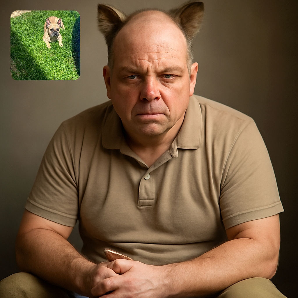 A serious-looking French Bulldog lounges on bright green grass with a mix of sunlight and shadow creating a natural spotlight, making it look like the dog is contemplating the meaning of life in the backyard.