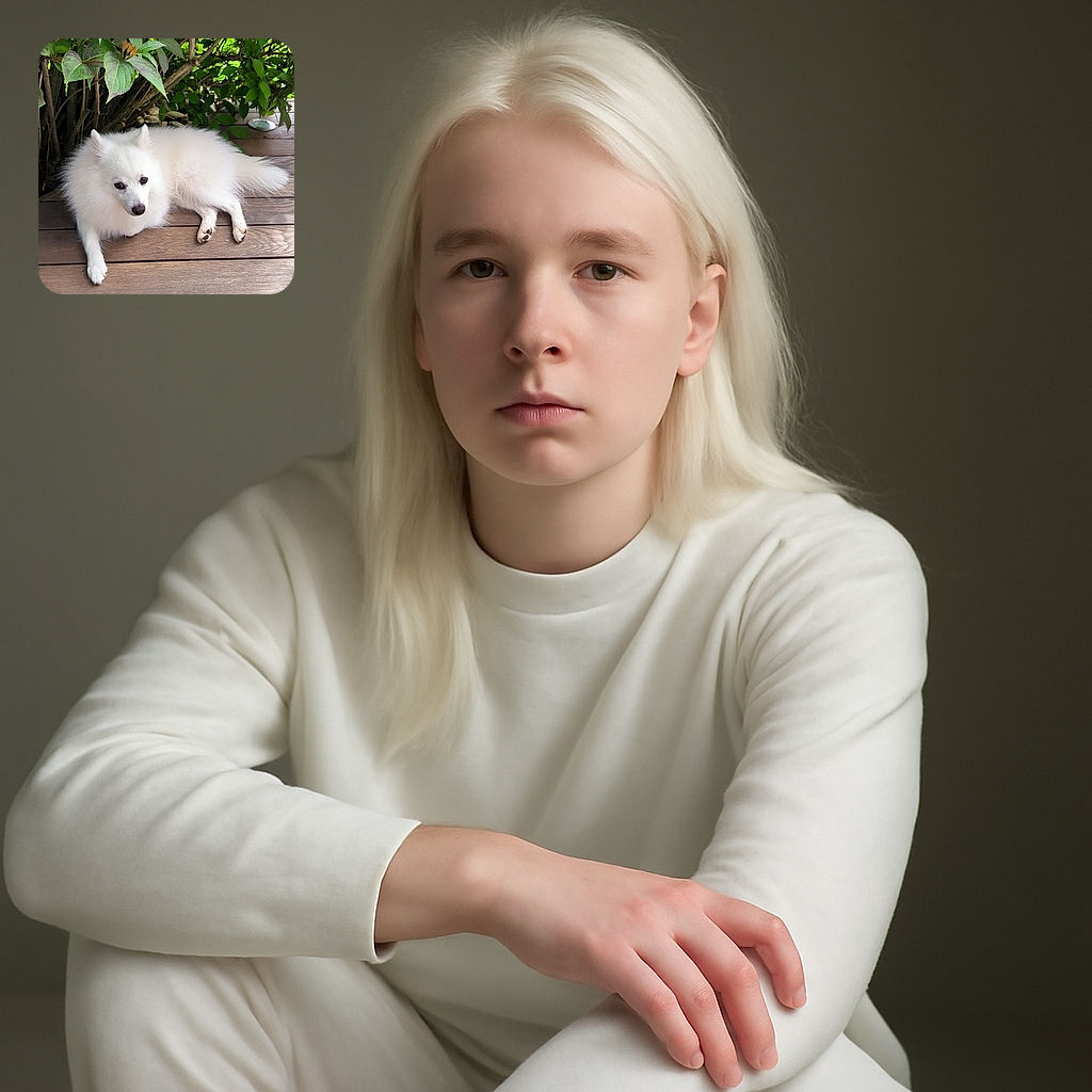 A fluffy white dog lounges gracefully on a wooden deck, surrounded by lush green foliage and vibrant pink flowers, looking curiously at the camera with soulful eyes.
